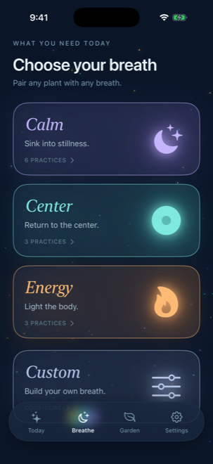 Choose your breath — Calm, Center, Energy intent panels